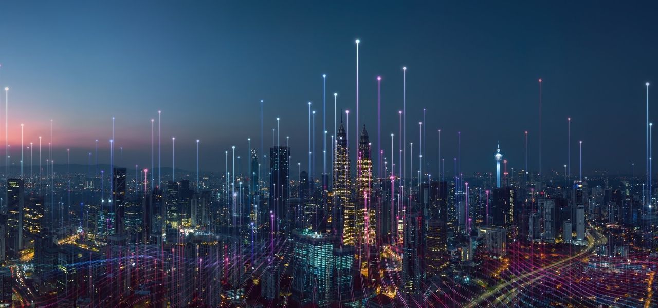 For companies skyline of a big city by night