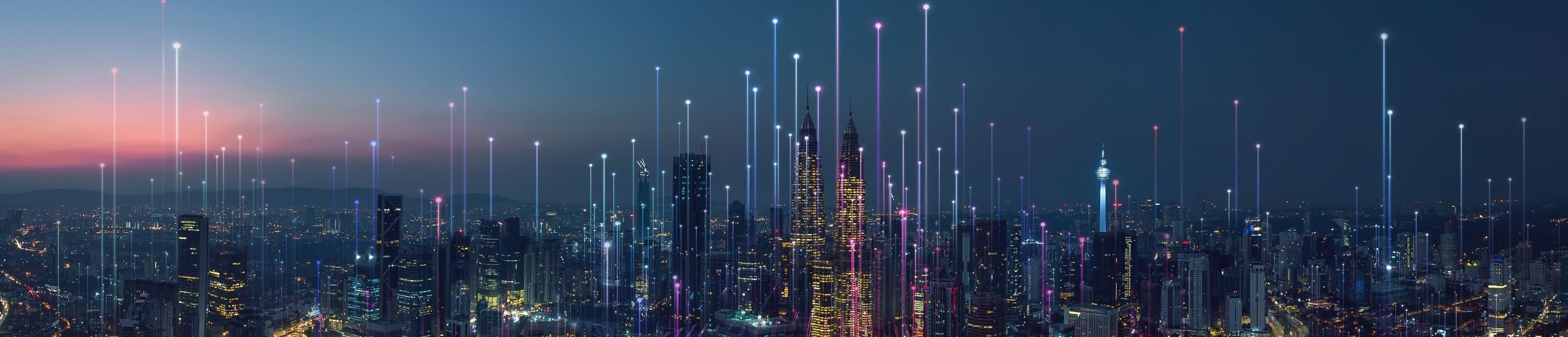 For companies skyline of a big city by night